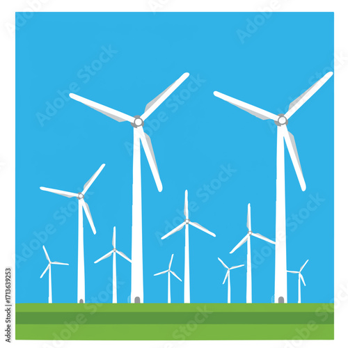 Multiple large wind turbines rotate on a vibrant green hill under a clear blue sky, rendered in a simplified 2D flat vector illustration with clean outlines.