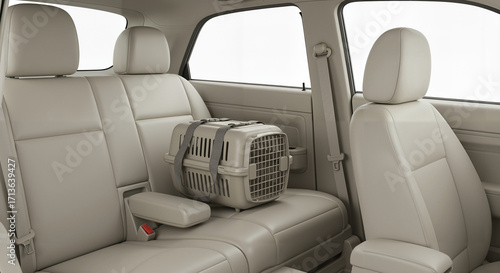 Empty car interior with beige leather seats and pet carrier  