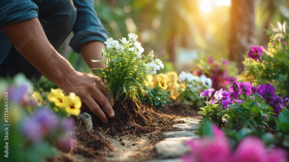 Fototapeta premium Hands Planting Colorful Flowers in a Beautiful Garden Setting