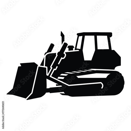 Silhouette of a powerful bulldozer machine with a front loader ready for construction work