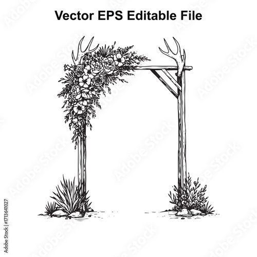 Vector art of rustic wedding arch with floral and antler decoration