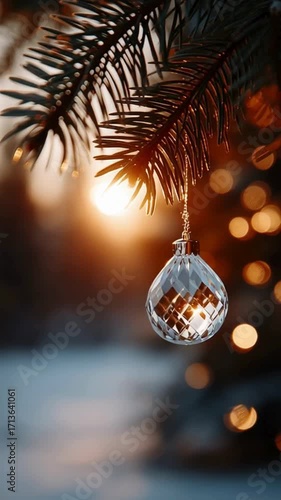 Wallpaper Mural Cinematic nature ambient footage – Christmas Ornament Hanging on Pine Tree Branch at Sunset - Festive Holiday Video Footage ideal for mood scenes, storytelling visuals, and relaxing emotional Torontodigital.ca