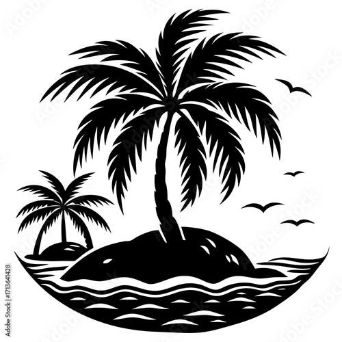 Monochrome silhouette vector illustration of a tropical island with palm trees and ocean waves silhouette vector illustration white background