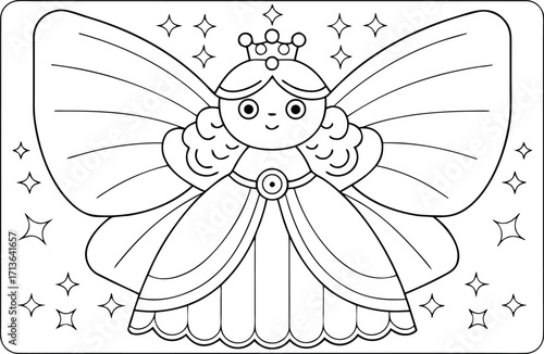 A charming fairy princess wearing a crown and flowing dress stands with large butterfly wings