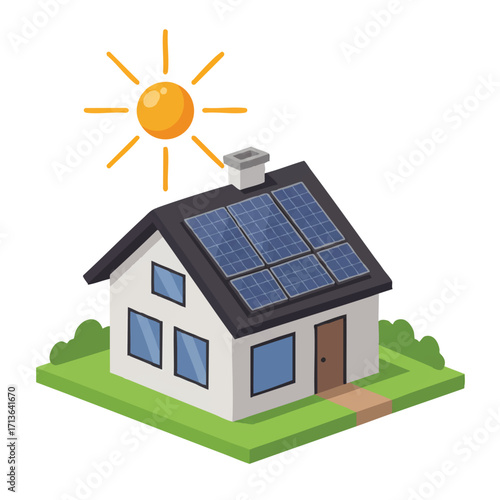Flat 2D vector illustration showcases a contemporary house with solar panels on its rooftop, harnessing radiant sun energy above a lush green landscape.