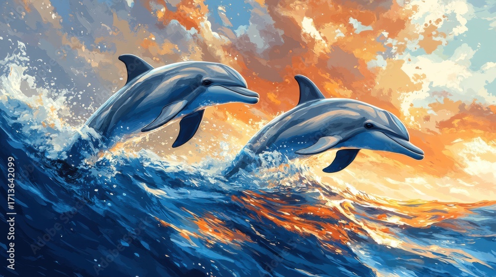 Obraz premium Playful Dolphins Leaping in Vibrant Ocean Waves at Sunset
