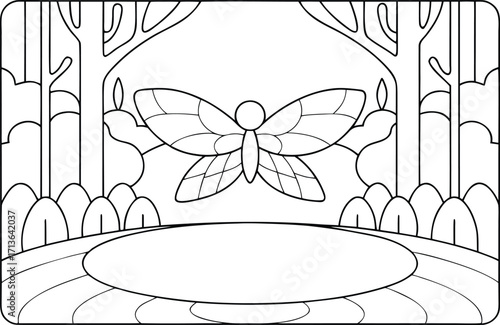 A stylized butterfly rests peacefully above a pond in a minimalist forest scene