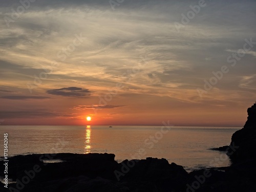Summer seascape, dawn sunrise, beautiful sky colors, sun, sea, cloud background, beautiful sunrise scenery, Jeongdongjin sea, South Korea
- 여름 자연, 새벽 일출, 아름다운 하늘, 태양, 바다, 구름 배경, 멋진 해돋이 풍경, 정동진 바다, 한국