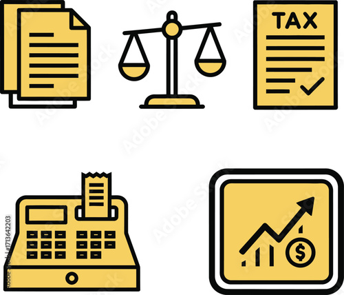 Financial and legal icons representing business and taxes