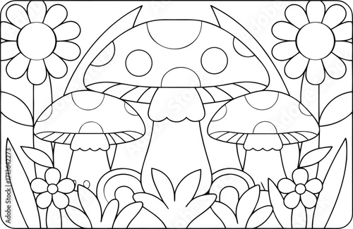 Three mushrooms and flowers grow together in a whimsical garden scene