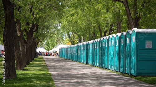 Portable Restroom Row in Park Setting Surrounded by Greenery