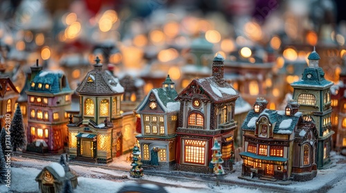 Fototapeta Naklejka Na Ścianę i Meble -  Charming Winter Village Scene with Snow-Covered Houses and Soft Warm Lights in a Festive Atmosphere