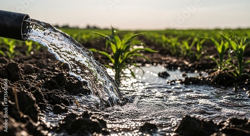 Irrigating a Field of Young Corn Seedlings with Fresh Water From a Pipe into the Soil