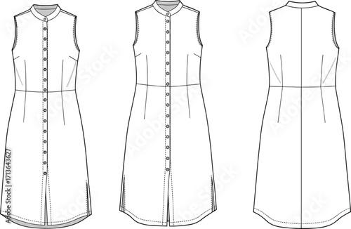 CAD drawing flat vector illustration of sleeveless shirt dress with button front closure, mandarin collar, curved hem, fashion template