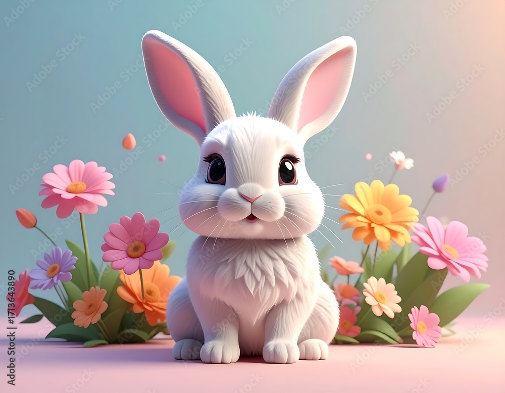 Obraz premium Cute 3D rabbit surrounded by flowers