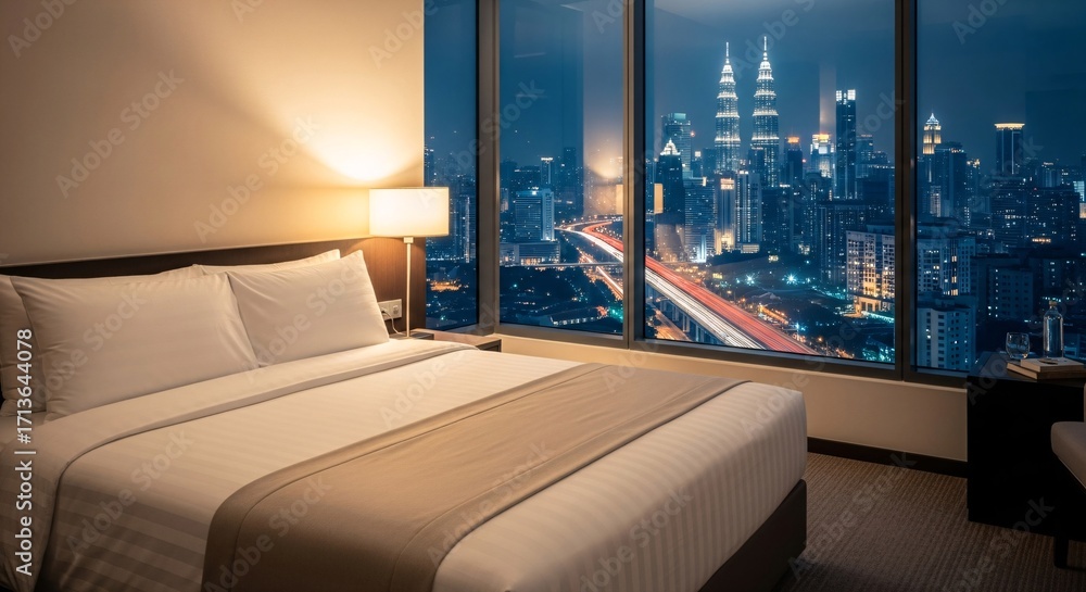 Fototapeta premium Cozy Hotel Room with City View at Night in Kuala Lumpur for Urban Travel Escape