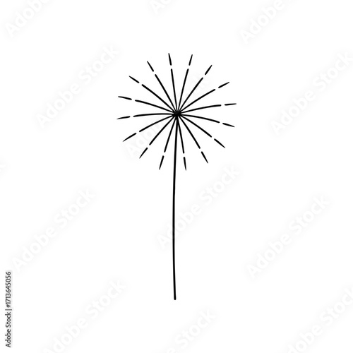 Simple dandelion flower with radiating lines on transparent background