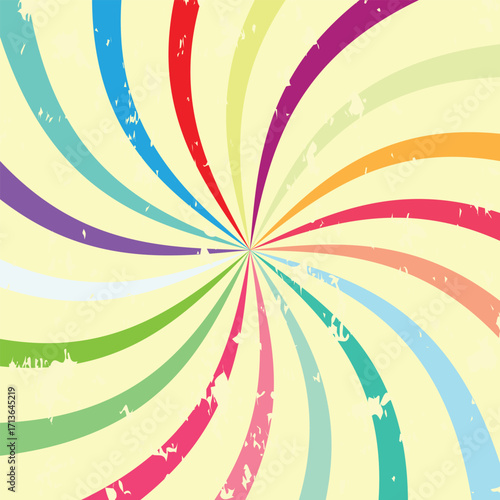 Vibrant swirling rainbow colors bursting outwards with grunge texture and sunburst effect