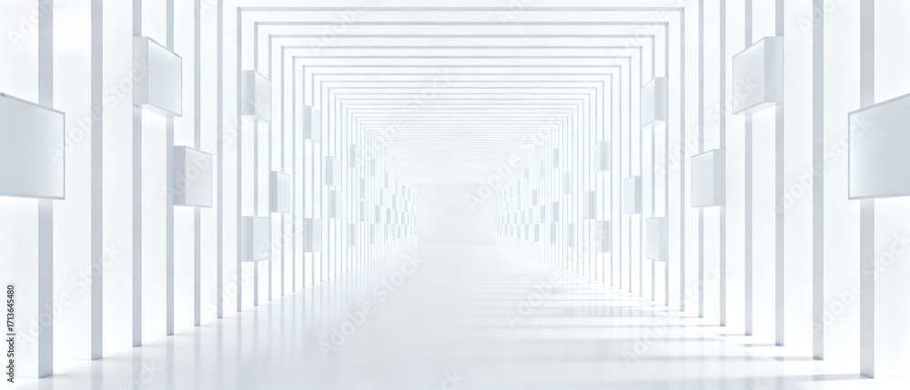Obraz premium A modern abstract corridor with symmetrical white structures and an empty space, showcasing a minimalist and futuristic design.