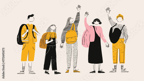 Back to school students walking with backpacks, education learning and friendship concept illustration