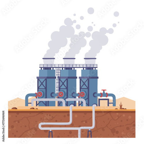 A vibrant 2D flat vector illustration showcases a geothermal power plant with pipes and steam rising from a desolate landscape, symbolizing Earth's powerful renewable heat energy.