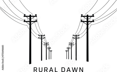Symmetrical rural dawn utility poles, power lines perspective, vanishing point horizon, early morning countryside scene, electrical infrastructure silhouette, scenic landscape photography
