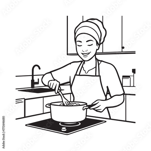 Black and White Vector Illustration of a Smiling Woman Cooking in Kitchen with Apron and Headband