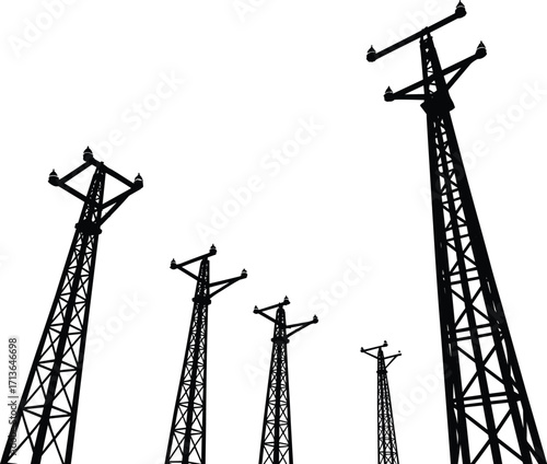 Stylized transmission towers, industrial communication masts, high contrast silhouette, dramatic perspective view, electrical power lines, telecommunication structures, lattice steel framework