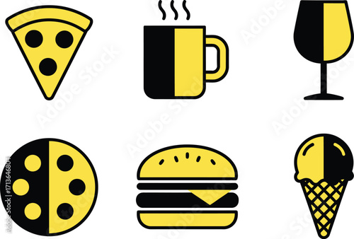 Stylized food and drink icons in yellow and black