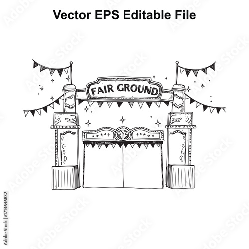 Vector art of hand drawn sketch of a fairground entrance gate with pennant flags and lights
