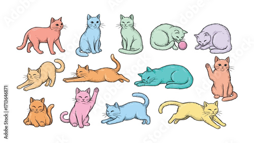 Playful Cats Collection: A vibrant collection of hand-drawn illustrations, showcasing a delightful array of cats in various poses and colors, perfect for conveying joy and warmth.