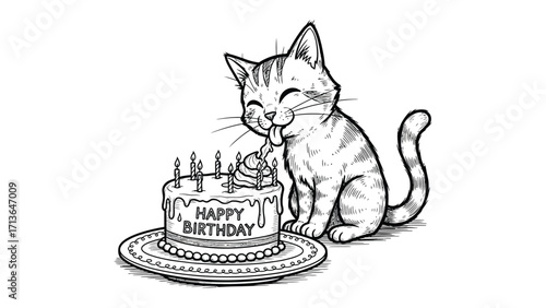 Kitty's Birthday Delight: An endearing illustration of a playful kitten relishing its birthday cake, decorated with festive candles and a celebratory message, symbolizing joy, happiness.