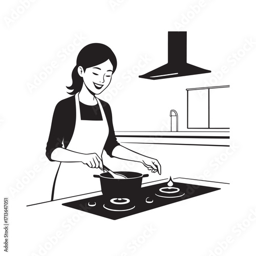 Black and White Vector Illustration of a Smiling Woman Cooking in Kitchen with Apron and Headband