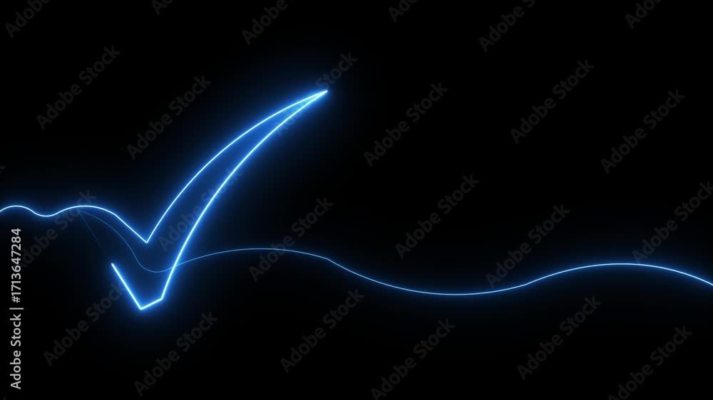 Neon blue check mark forming on black background abstract glowing line ...