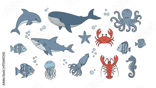 Ocean Life: A collection of cute sea creatures, vividly illustrating the vibrant marine ecosystem, including a playful dolphin, a majestic whale, and a curious octopus.