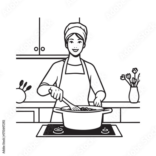 Black and White Vector Illustration of a Smiling Woman Cooking in Kitchen with Apron and Headband