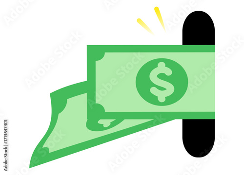Green dollar bill inserted into slot, concept of deposit or digital money input illustration.