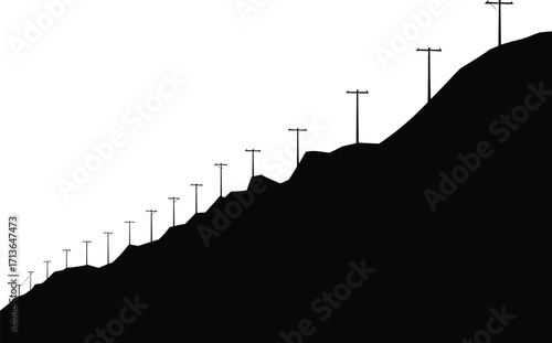 Silhouette, hilly, terrain, utility, poles, telephone, poles, ascending, slope, electrical, lines, communication, lines, infrastructure, rural, landscape, mountain, hillside, crossarms,