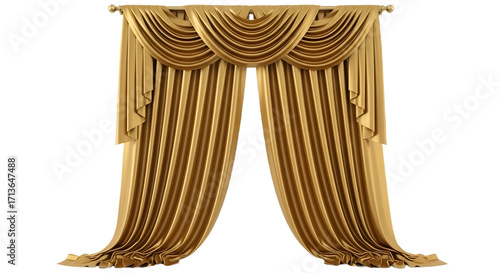 Elegant golden silk window curtains with pelmet isolated PNG with Transparent Background