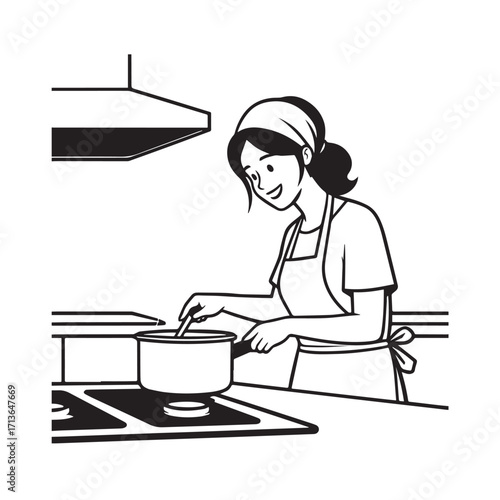 Black and White Vector Illustration of a Smiling Woman Cooking in Kitchen with Apron and Headband