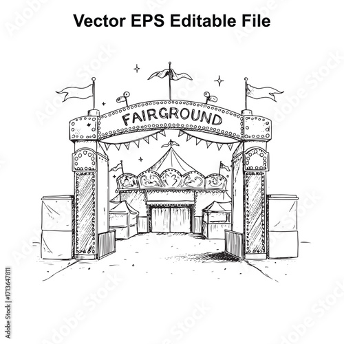 Vector art of entrance gate to a fairground with tents and flags