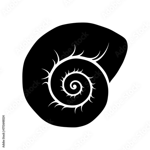 Black spiral shell silhouette isolated on white background