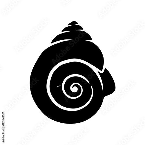 Black spiral seashell silhouette isolated on white background