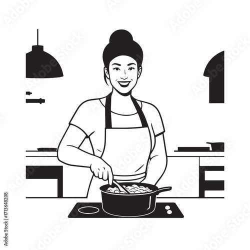Black and White Vector Illustration of a Smiling Woman Cooking in Kitchen with Apron and Headband
