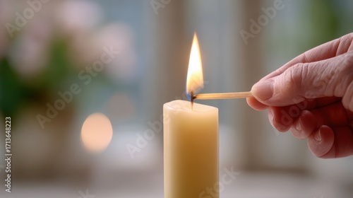 Lighting a candle with a match in a serene indoor space amid soft natural light