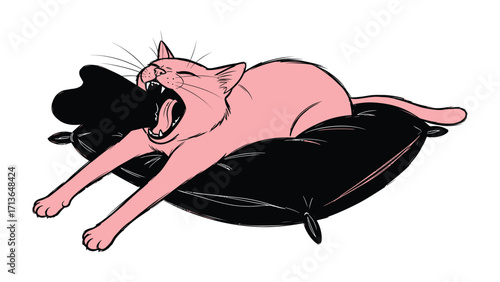 Pink Cat Yawning on a Black Pillow: A playful pink cat stretches and yawns widely on a comfortable black pillow, capturing a moment of feline relaxation in a charming illustration.