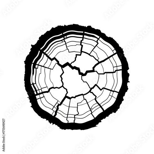 Cracked tree ring silhouette isolated on white background