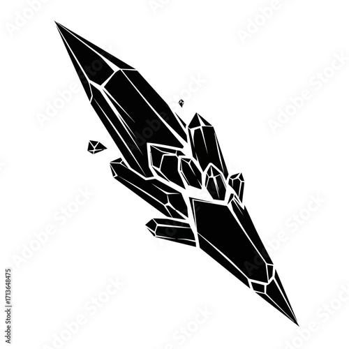 Black crystal cluster silhouette isolated on white background