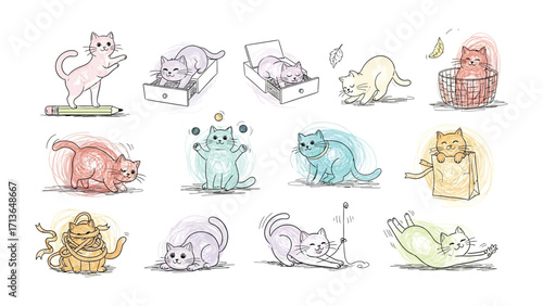 Whimsical Cat Collection: Delightful sketches showcase adorable cartoon cat in playful poses, bringing a cheerful vibe to any project or design. 