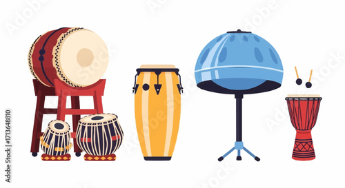 Set of Musical Instruments, Drums and Percussion Instruments Vector Illustration
